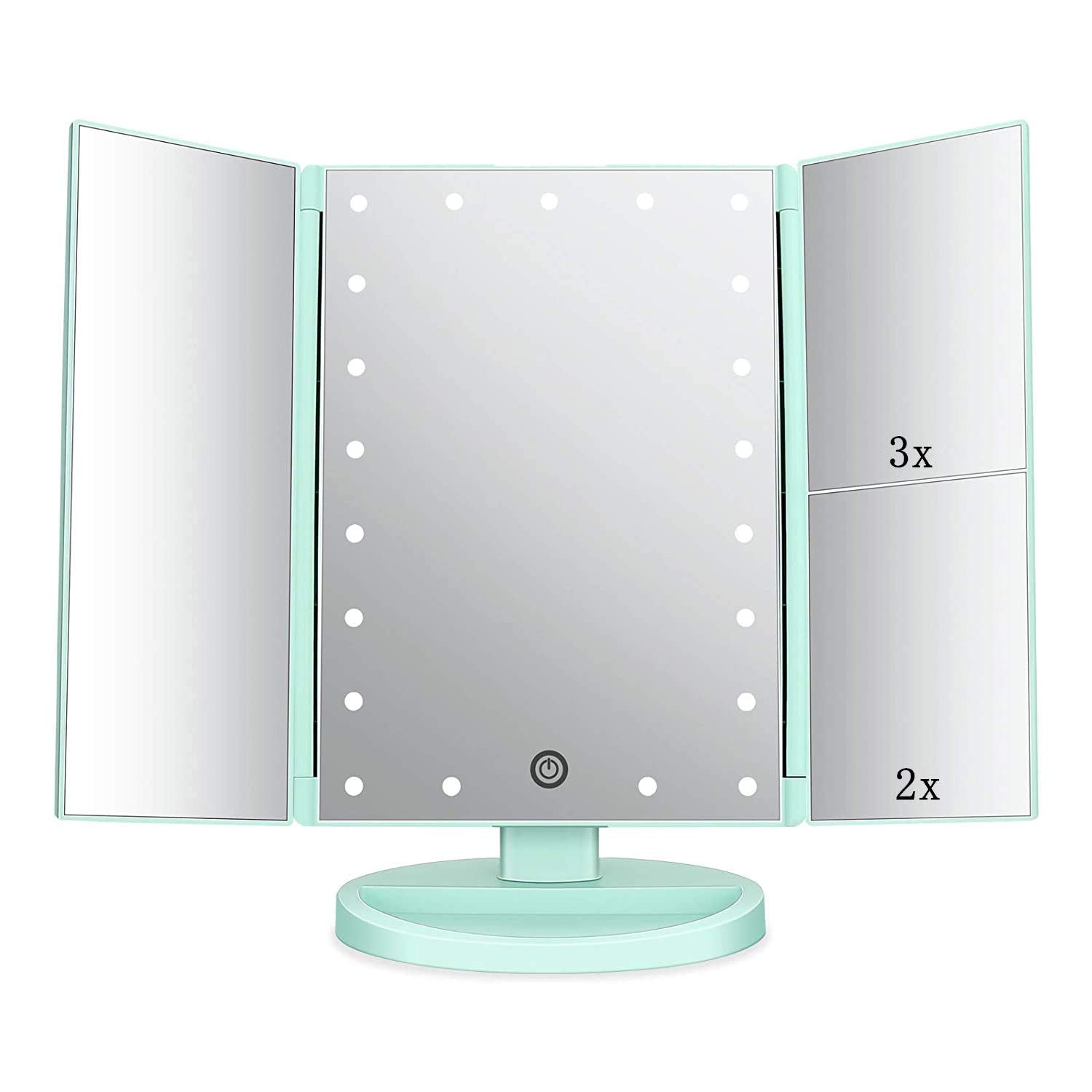 Flymiro tri-fold mirror showing 3x and 2x magnification for precise makeup application