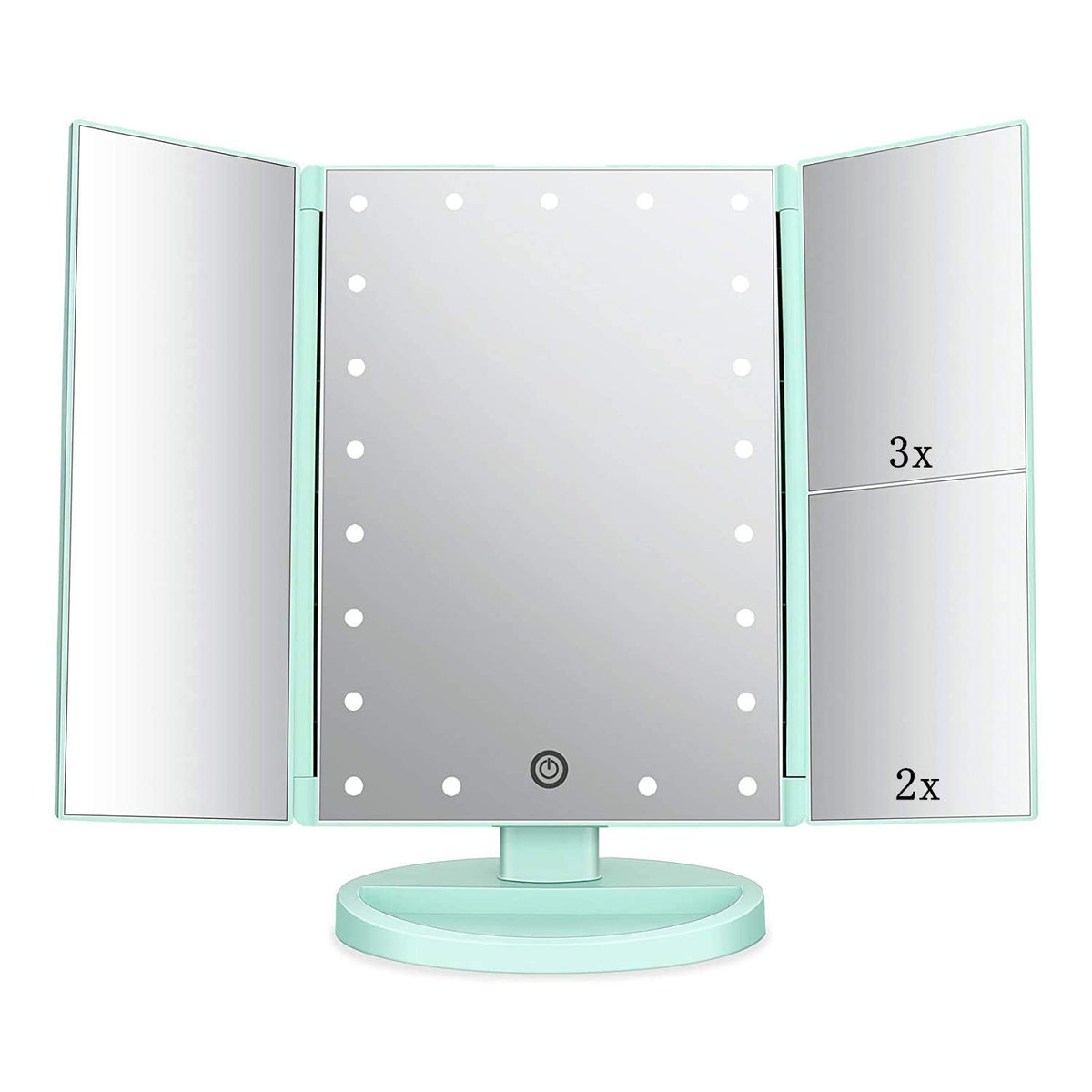 Flymiro tri-fold mirror showing 3x and 2x magnification for precise makeup application