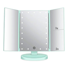 Flymiro tri-fold mirror showing 3x and 2x magnification for precise makeup application