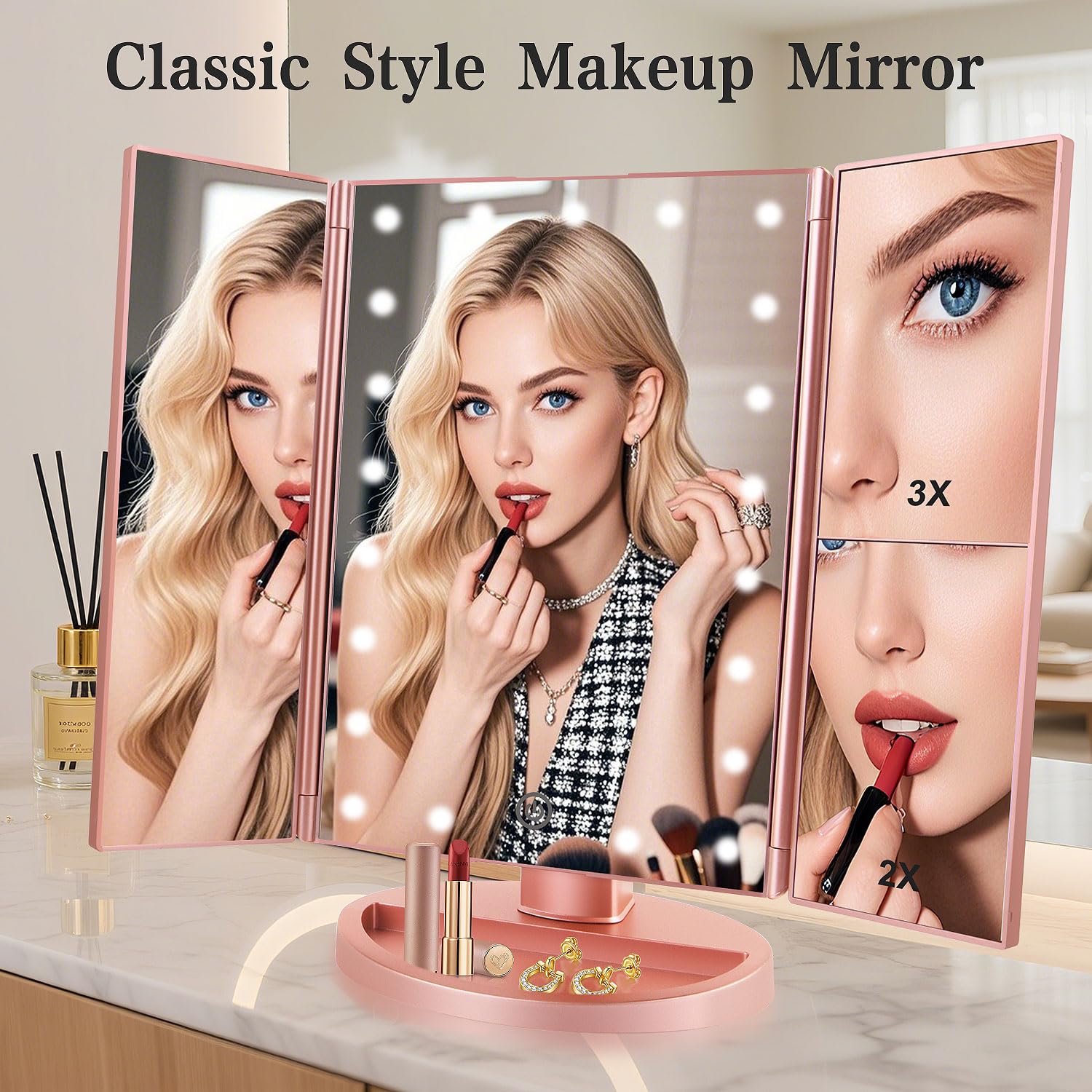 Flymiro vanity mirror rose gold 2x magnification panel aids brow shaping and lash work
