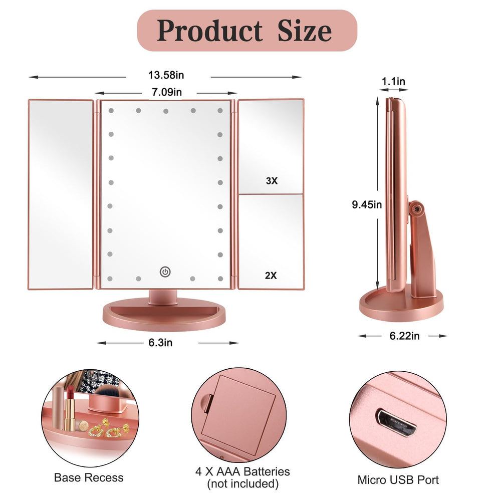 Flymiro vanity mirror rose gold shows 3x magnification on the right panel for detailed grooming