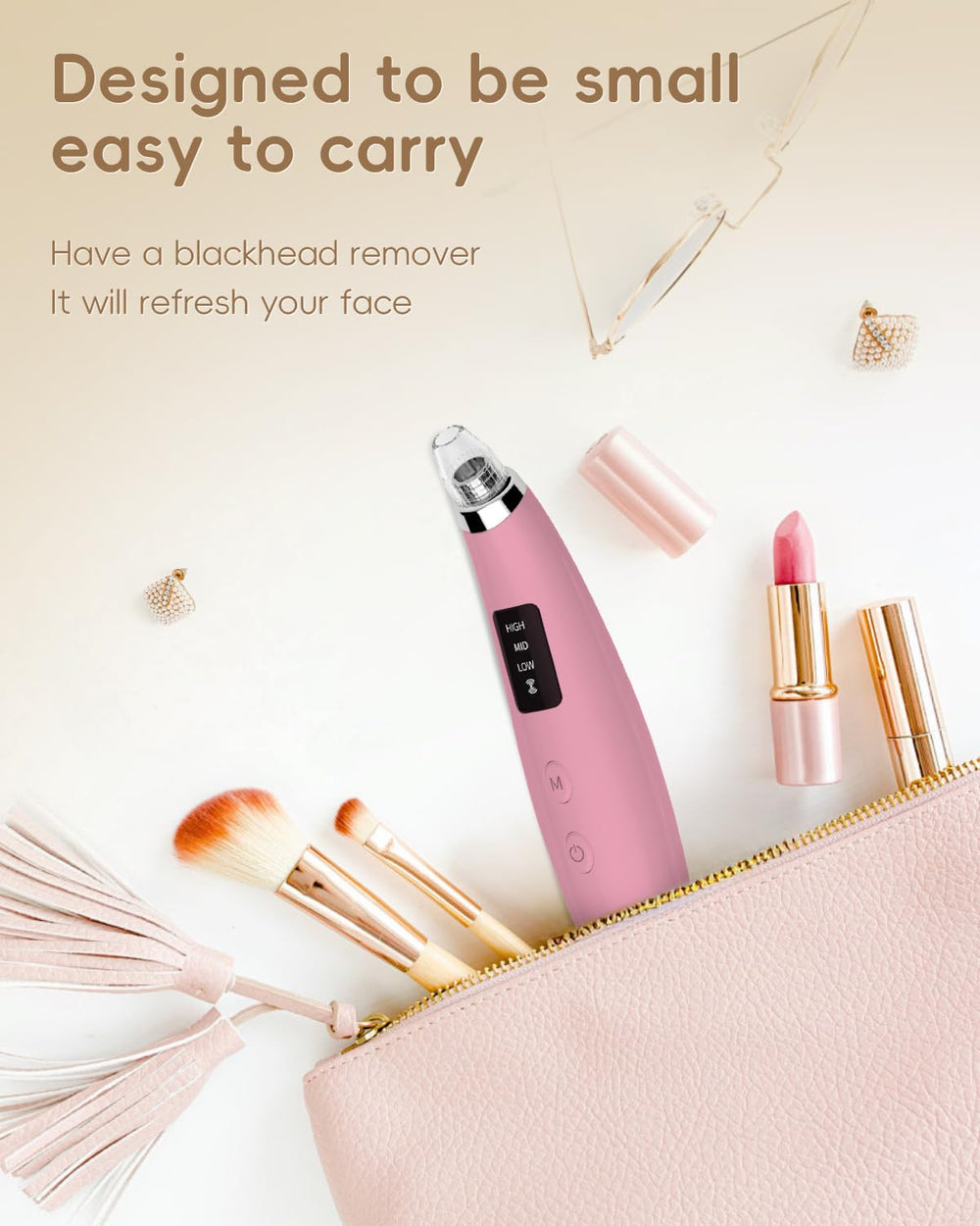 FLYMOO matte pink beauty tool in hand illustrates stylish, portable skincare solution.