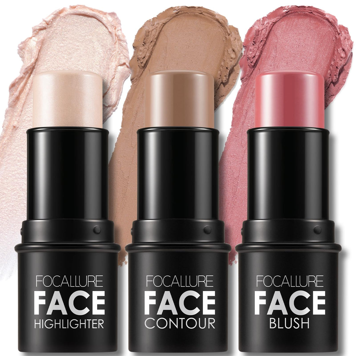 FOCALLURE 3pcs contour sticks swatches show blendable warmth for effortless sculpting.