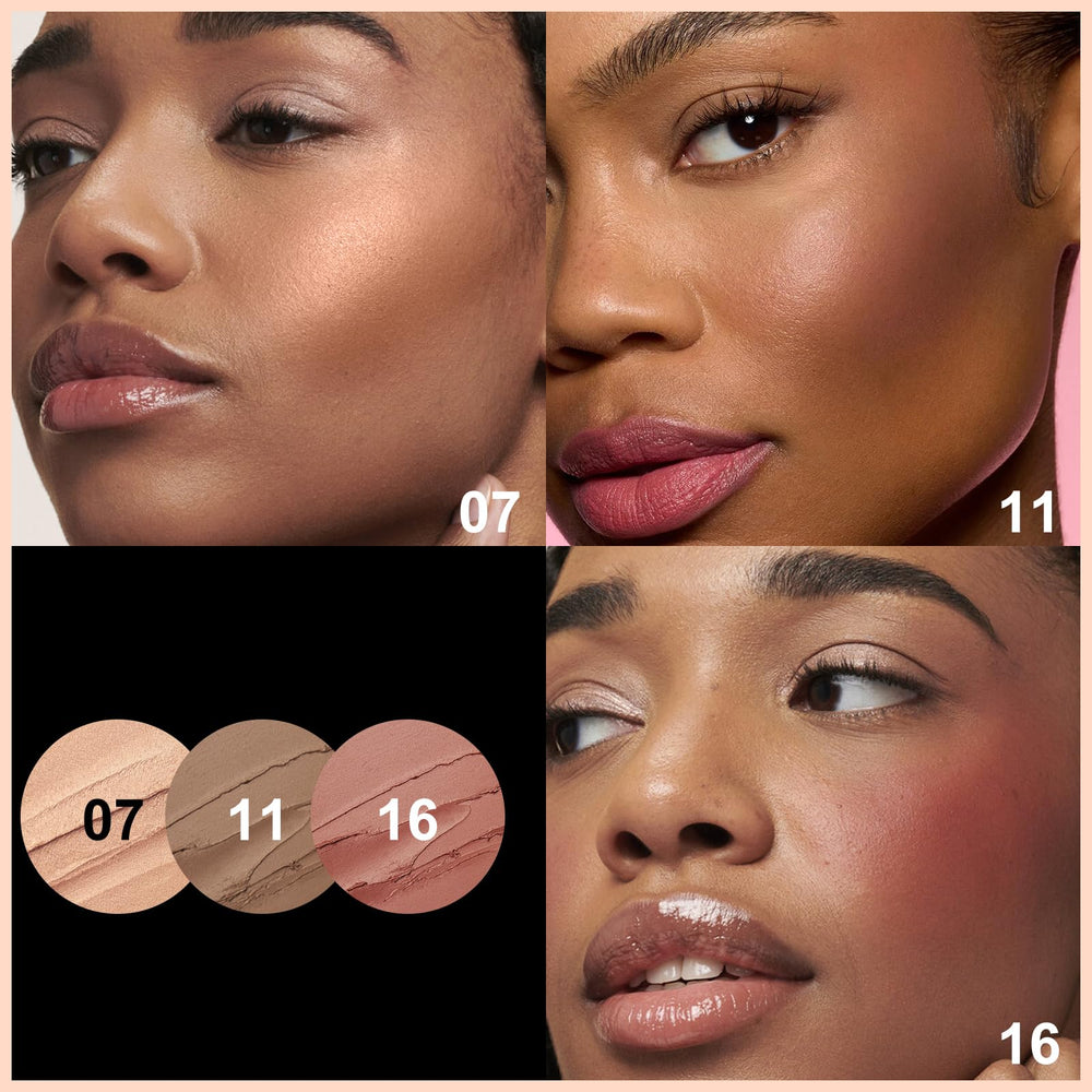 FOCALLURE highlighter-bronzer-blush sticks in hand illustrate lightweight, non-greasy finish.