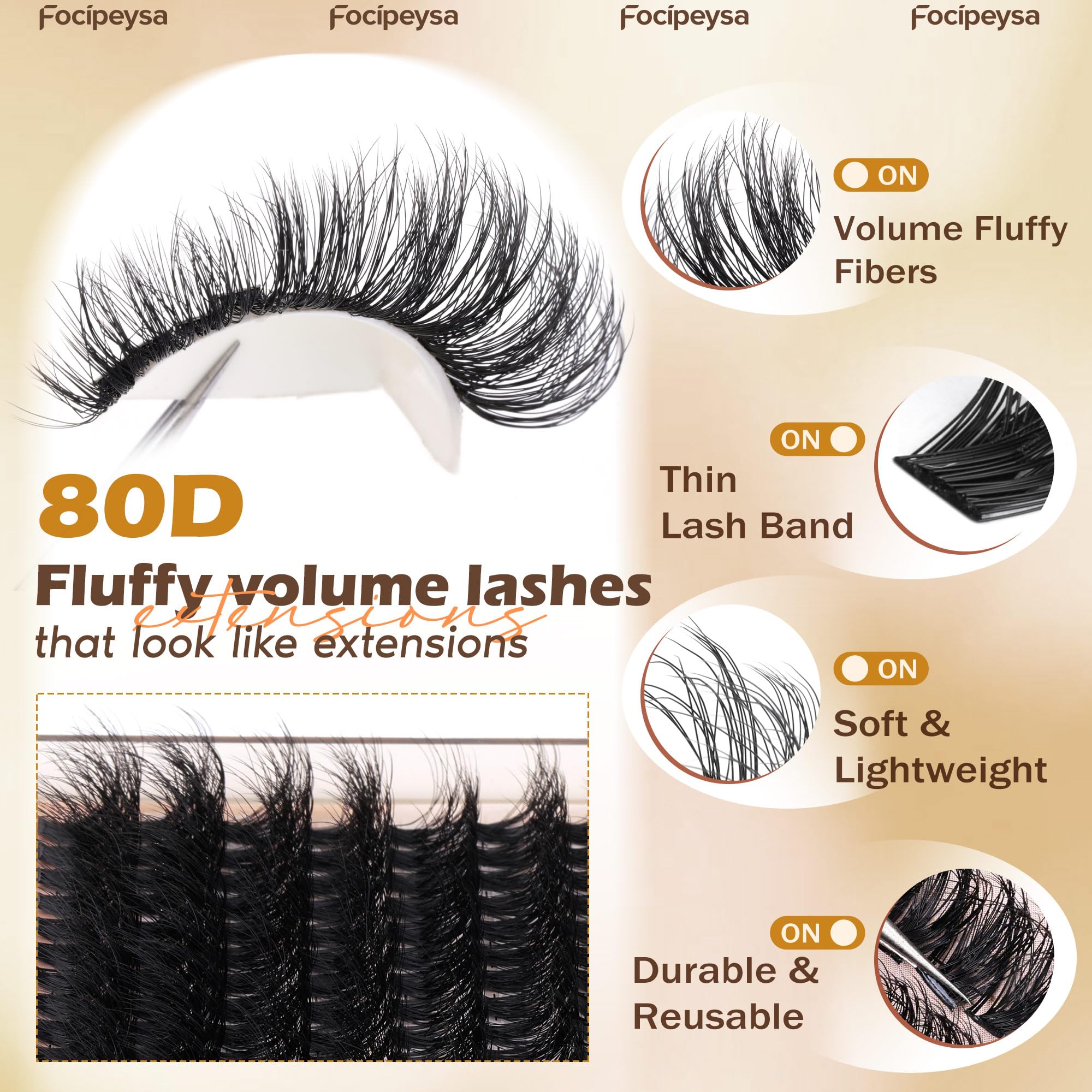 Focipeysa D-cluster lashes 10-18mm range for versatile at-home styling.