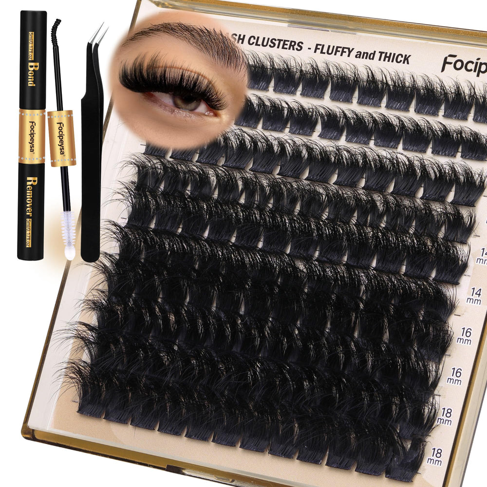 Focipeysa eyelash extension kit 180D fluffy clusters for dramatic at-home lashes.