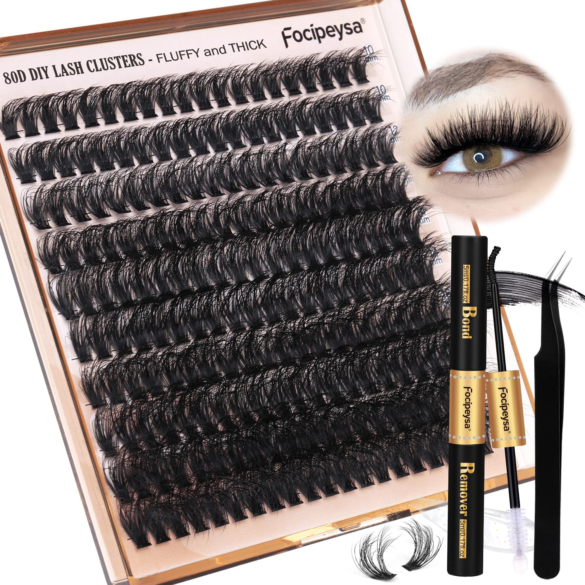 Focipeysa eyelash extension kit packaging with 200pcs 80D mink fur lashes for at-home enhancement.