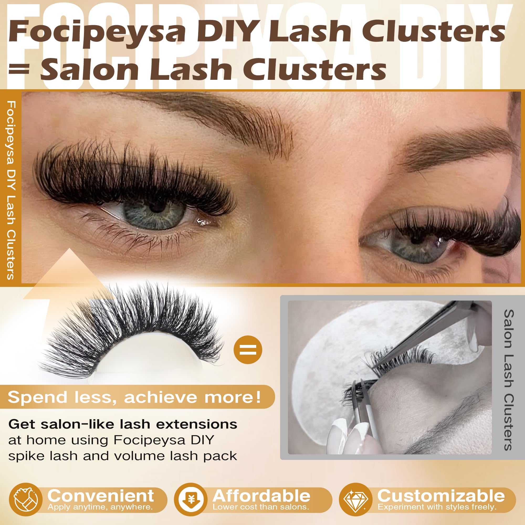 Focipeysa lash-cluster kit with 10-18mm lashes showing mixed lengths