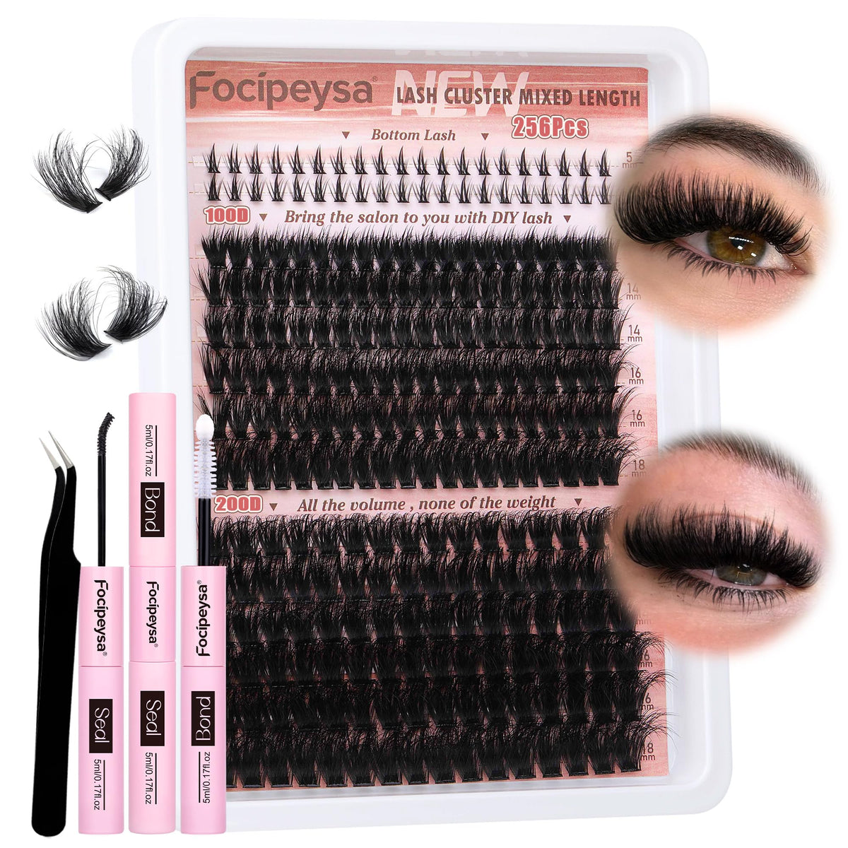 Focipeysa lash extension kit two styles clusters for dramatic at-home lashes.
