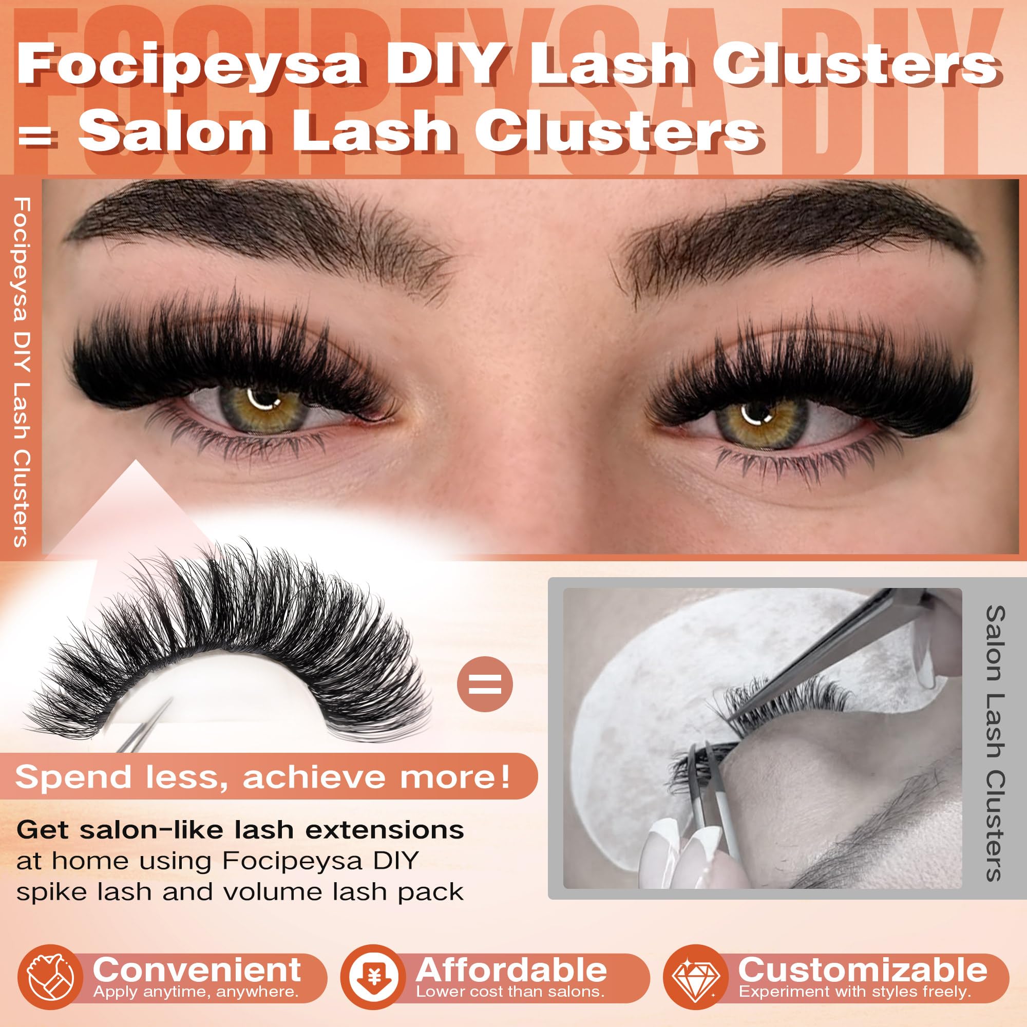 Focipeysa lash extensions 100D-200D clusters for mink-like light feel.