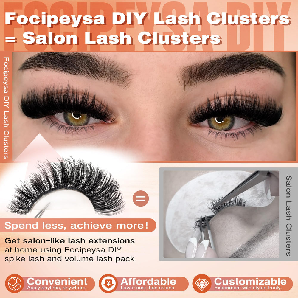 Focipeysa lash extensions 100D-200D clusters for mink-like light feel.