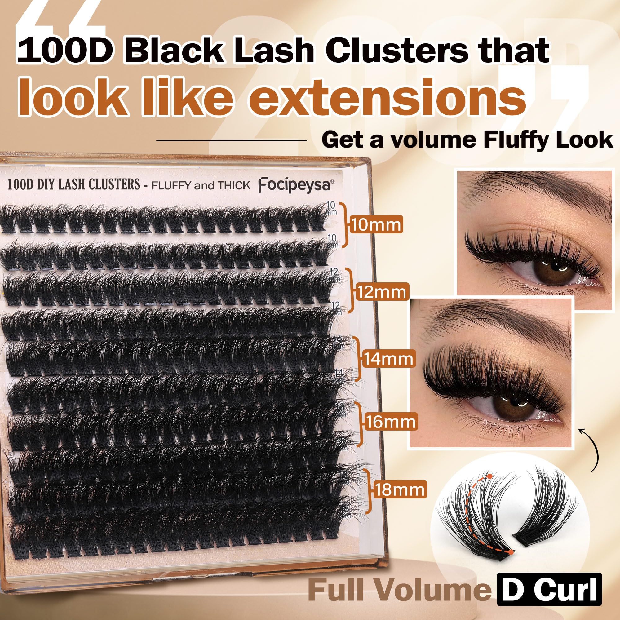 Focipeysa Matte Black D Curl Clusters for natural, comfortable lash look.