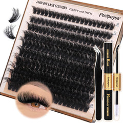 Focipeysa Thick Eyelash Extension Kit with 200pcs clusters for DIY voluminous lashes.