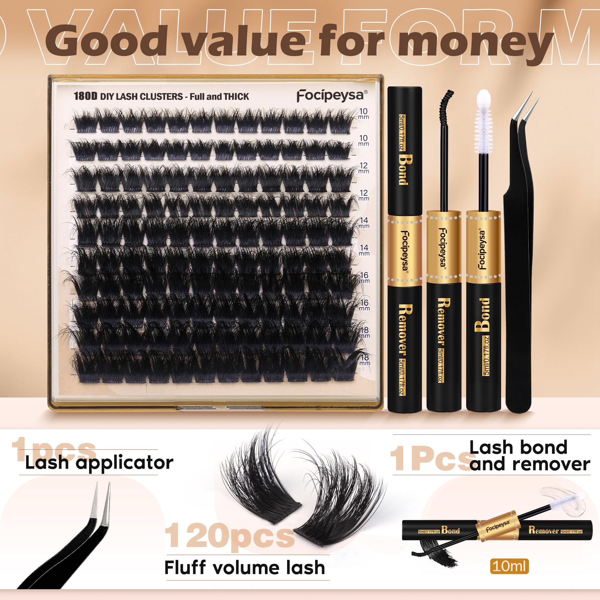 Focipeysa mixed 10-18mm volume clusters for versatile lash lengths.