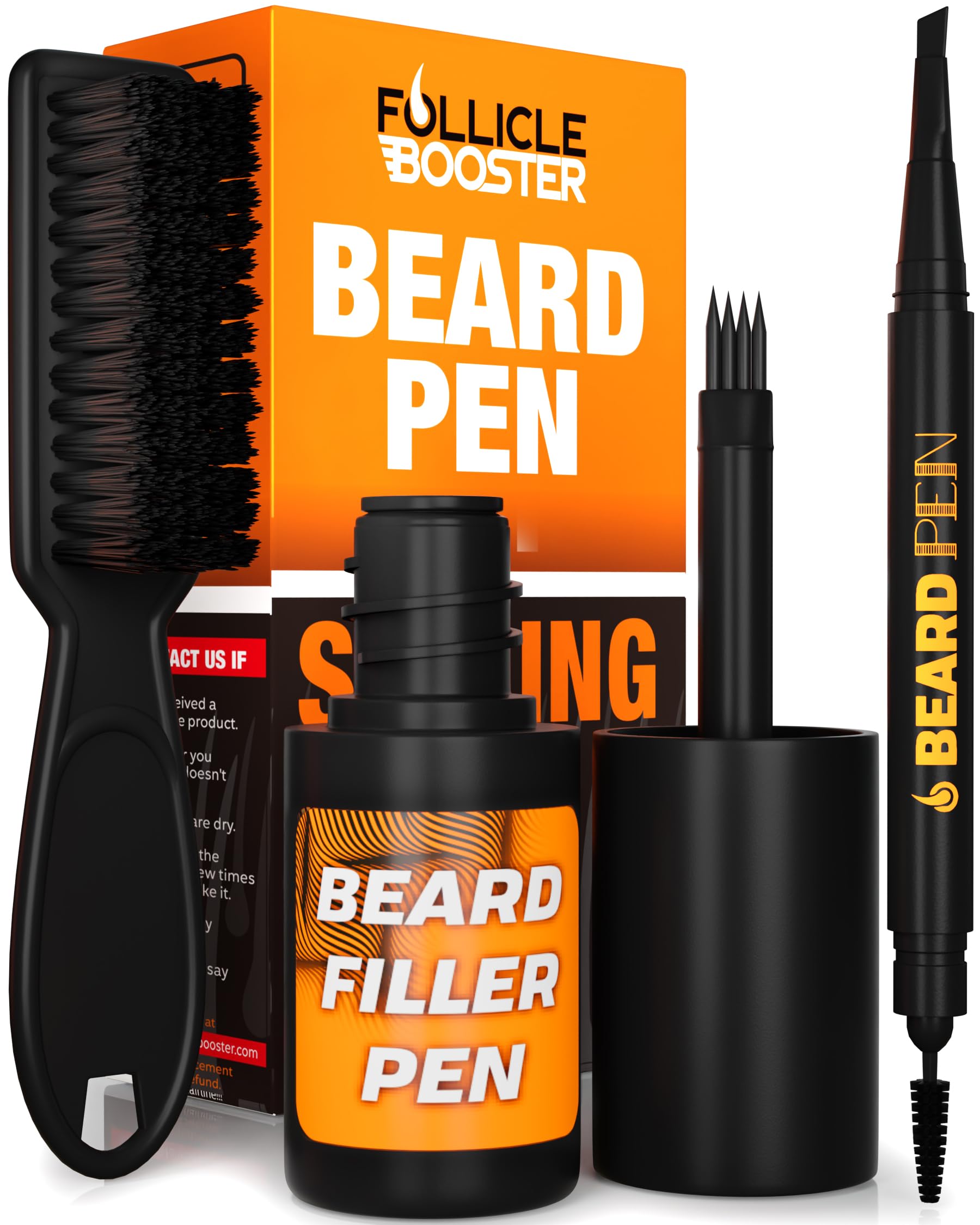 FOLLICLE BOOSTER beard pen 4-tip fork closeup shows precise blending for natural look.