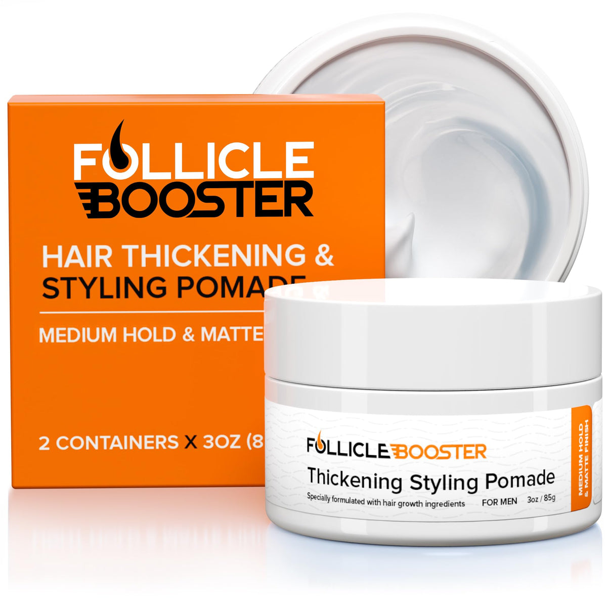 FOLLICLE BOOSTER jar close-up illustrating matte finish texture for daily styling benefits
