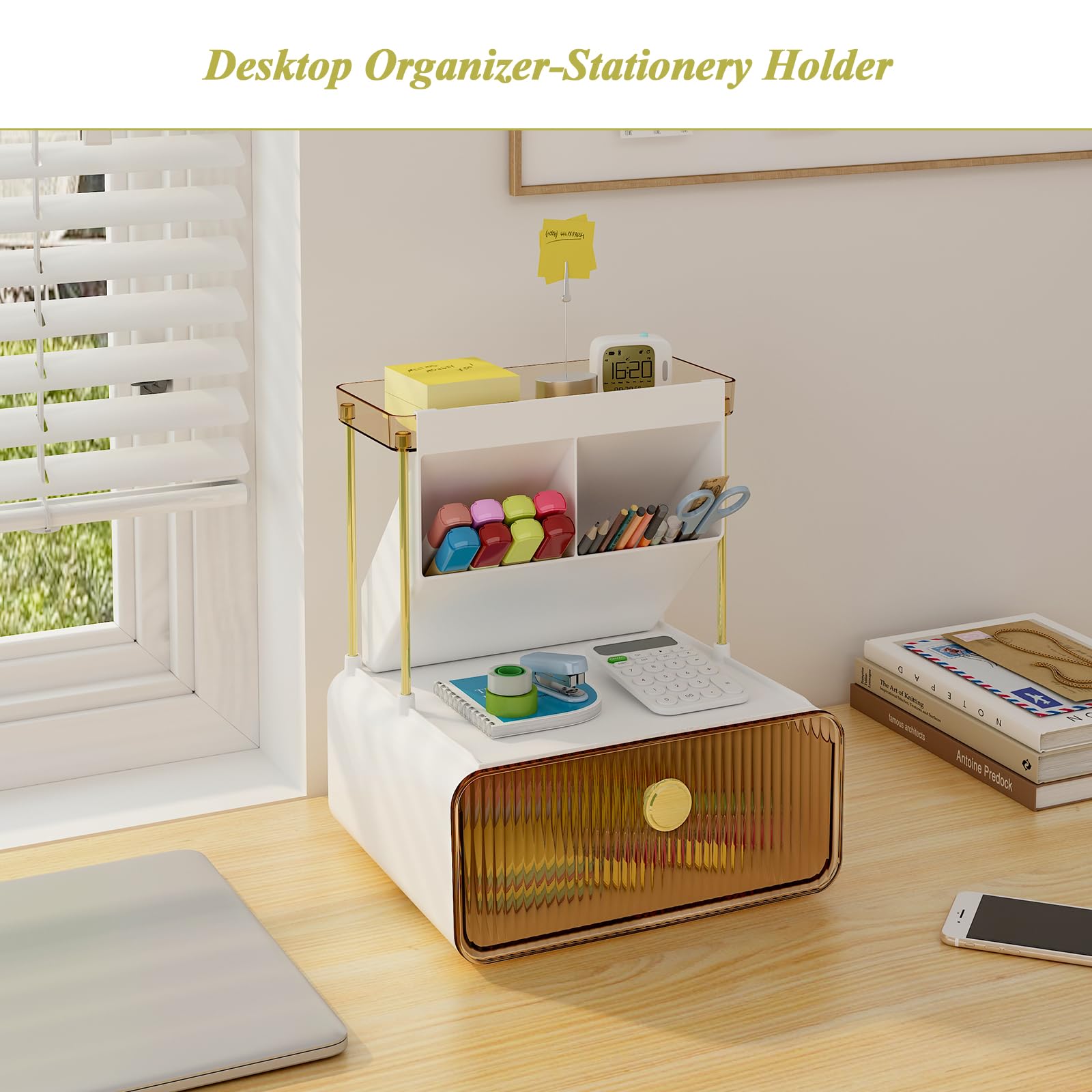 FOLLOWIN amber desk-use makeup organizer doubles as stationery storage