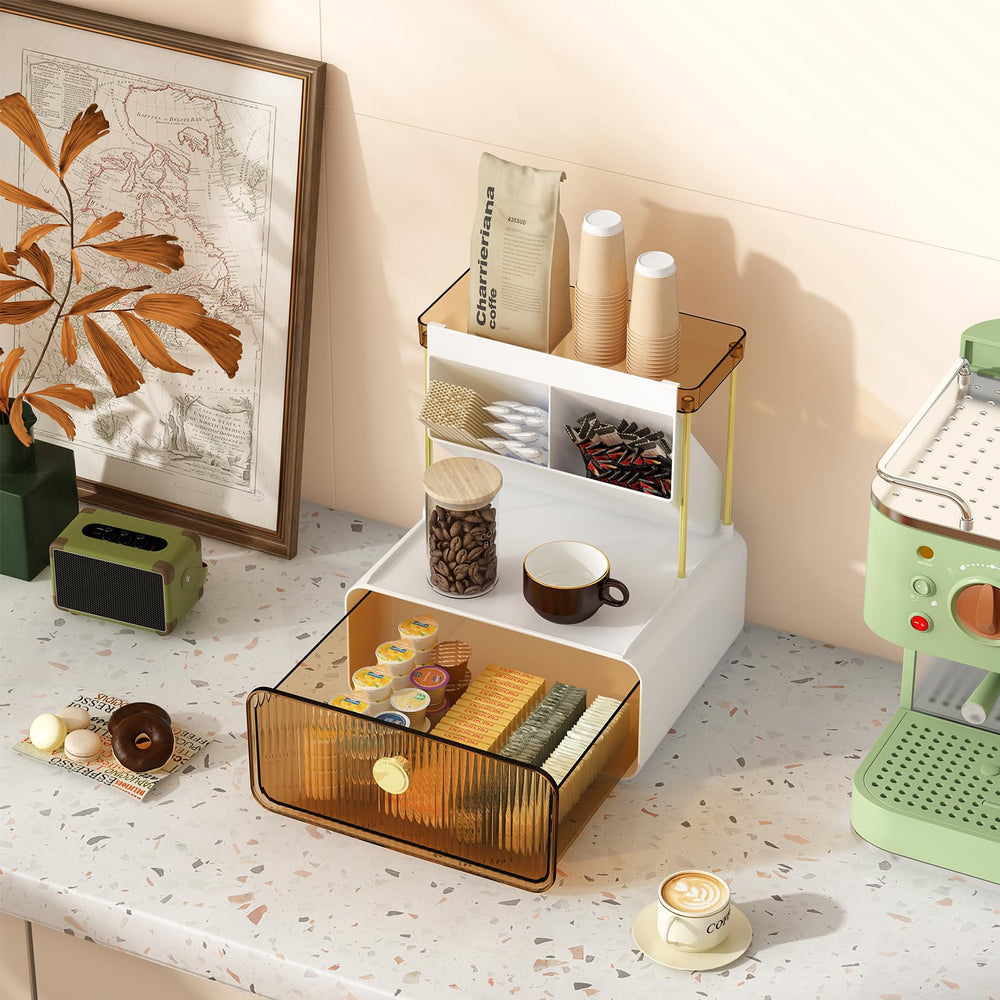 FOLLOWIN amber makeup organizer with drawer open showing hidden space