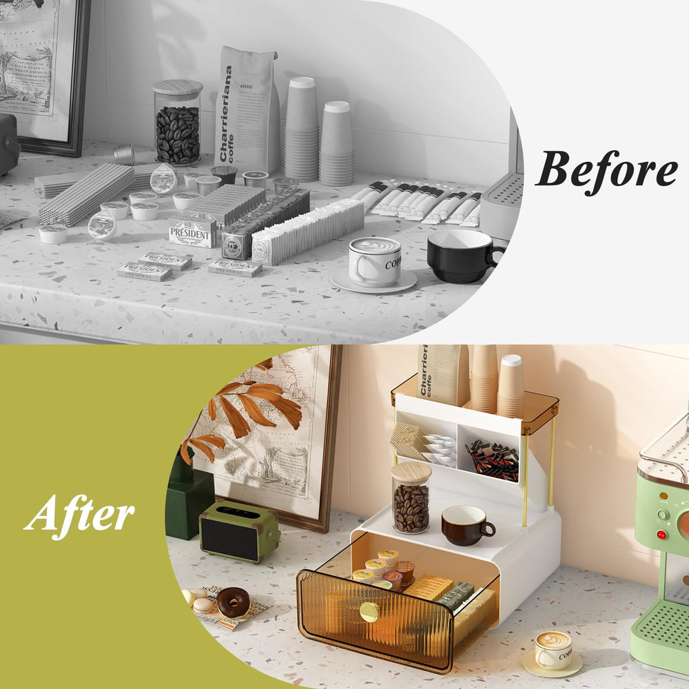 FOLLOWIN amber organizer on a bedroom dresser for cosmetics