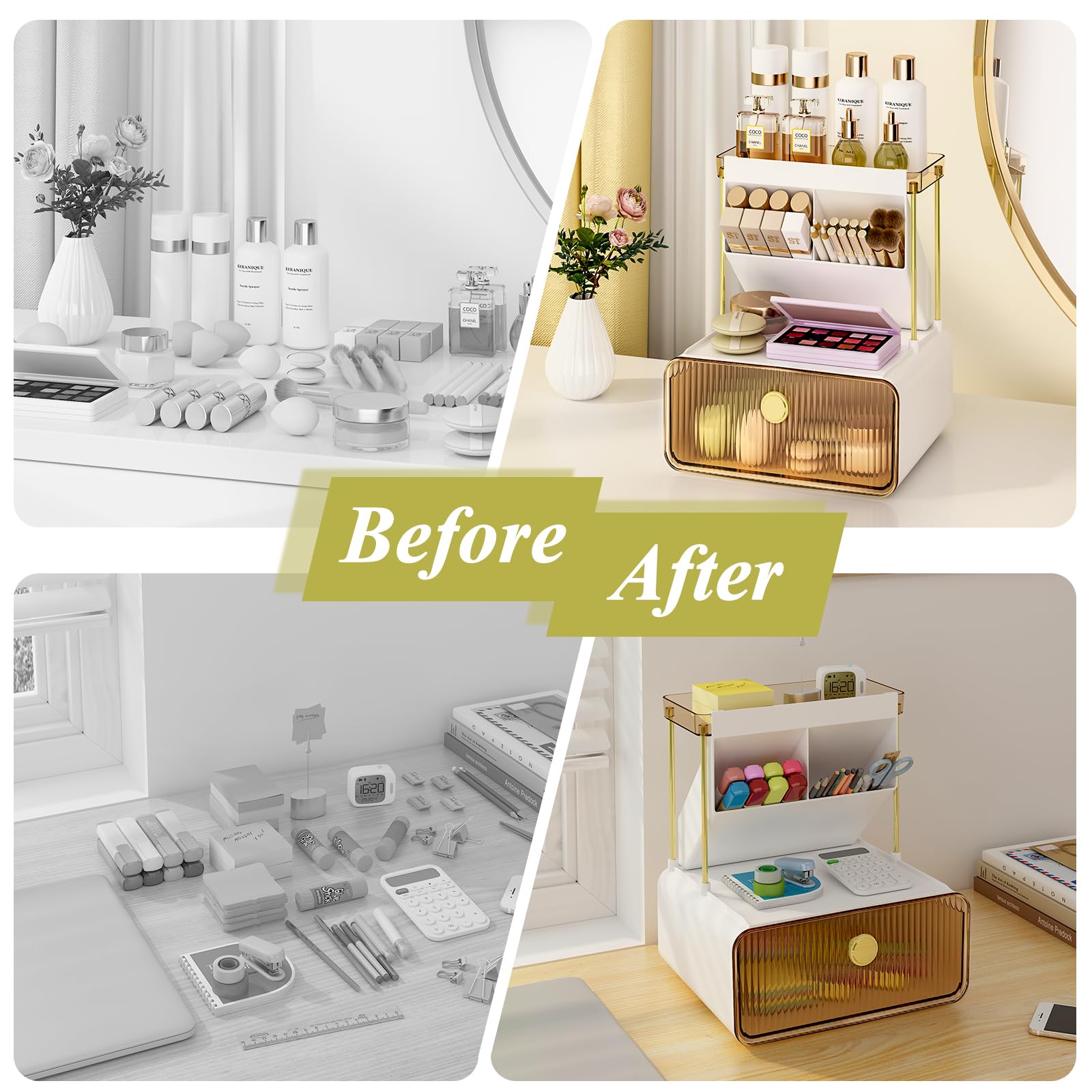 FOLLOWIN amber vanity organizer on a tidy bathroom counter