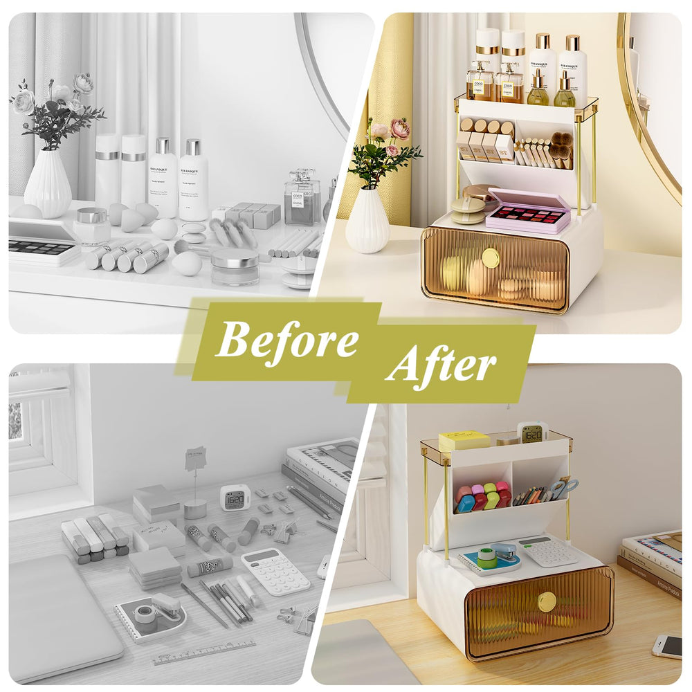 FOLLOWIN amber vanity organizer on a tidy bathroom counter