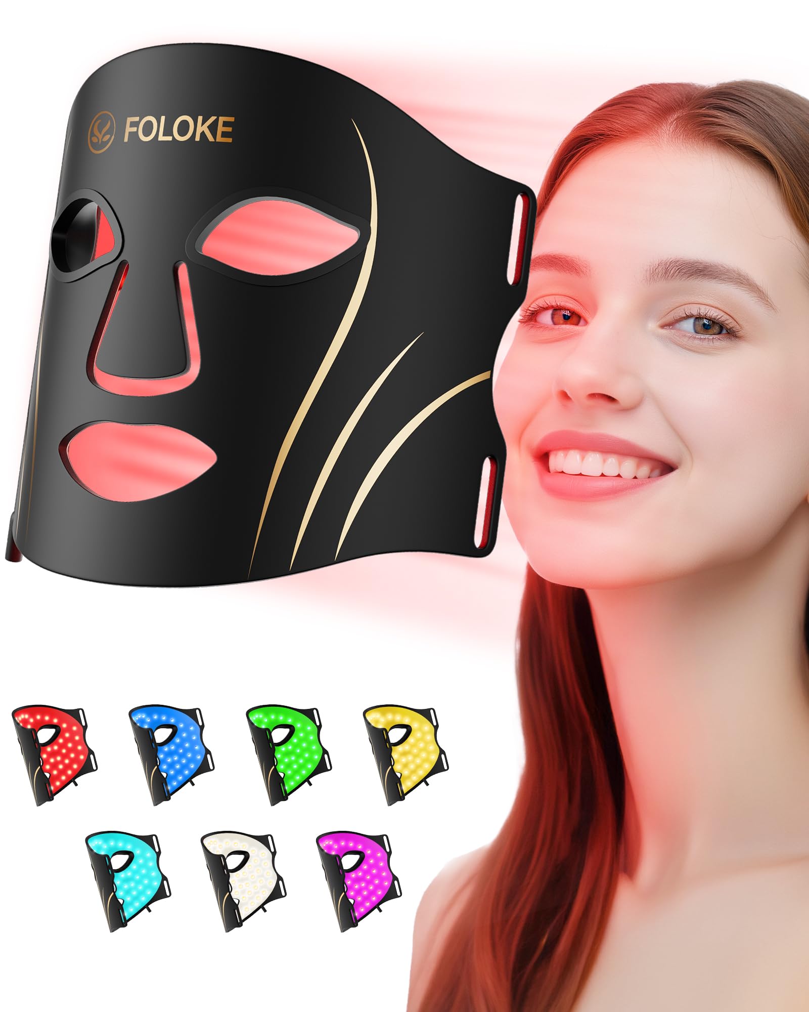 FOLOKE LED light therapy mask face close-up showing red and NIR glow for complexion support
