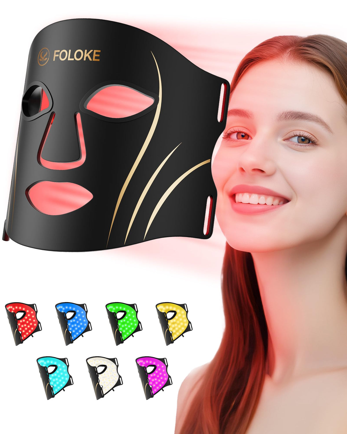 FOLOKE LED light therapy mask face close-up showing red and NIR glow for complexion support