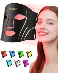 FOLOKE LED light therapy mask face close-up showing red and NIR glow for complexion support