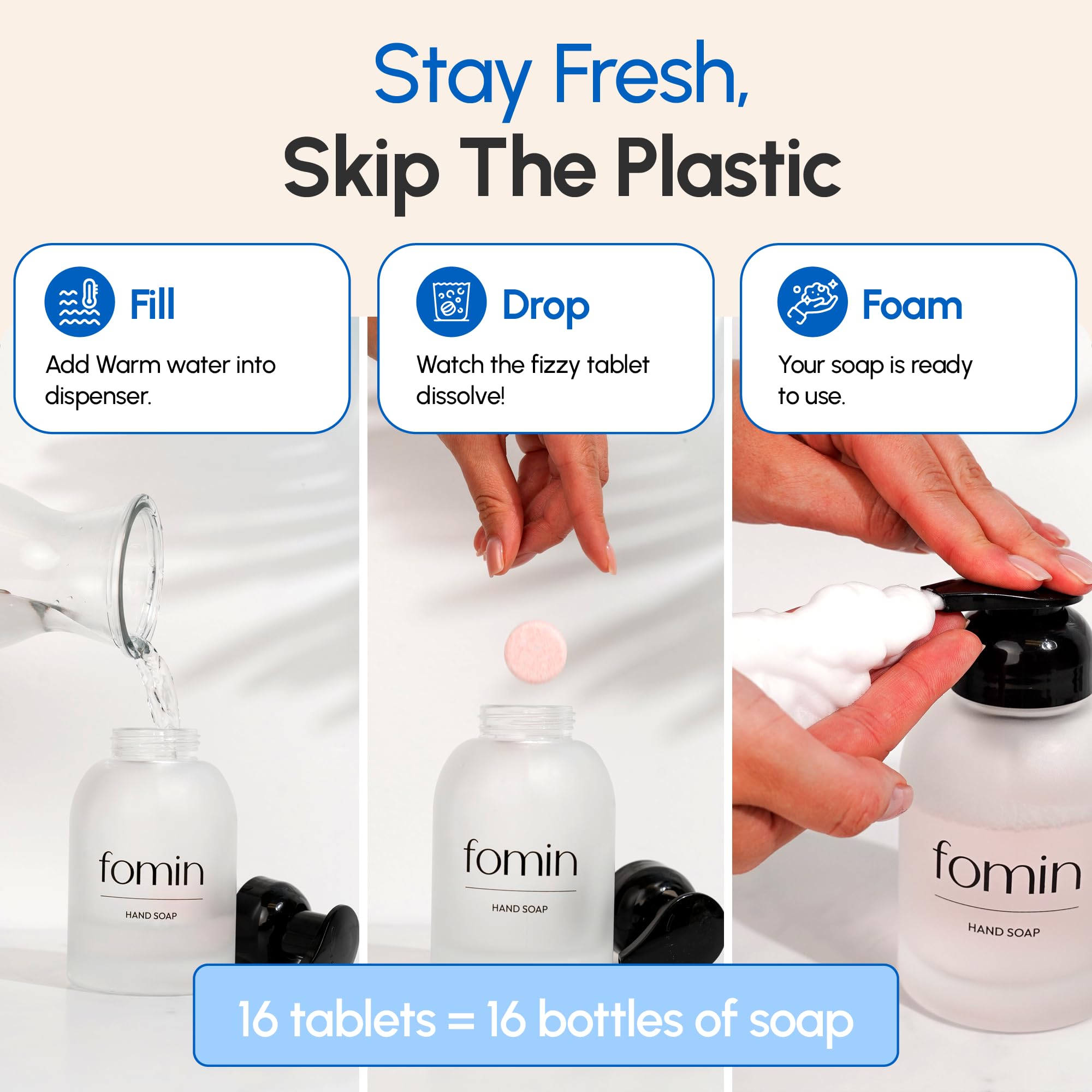 FOMIN reusable foam dispenser compatible with refill tablets.