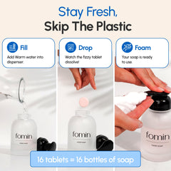 FOMIN reusable foam dispenser compatible with refill tablets.