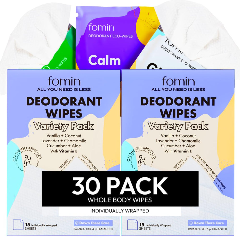 FOMIN Travel Deodorant Wipes variety pack front view, showcasing on-the-go freshness