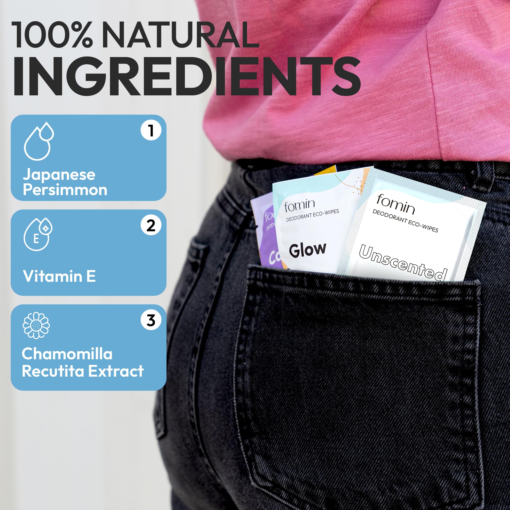 FOMIN Travel Deodorant Wipes with Vitamin E and aloe for skin soothing.