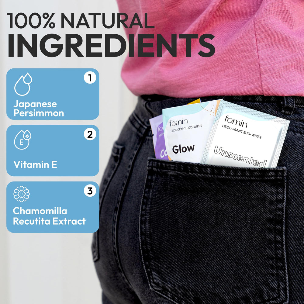 FOMIN Travel Deodorant Wipes with Vitamin E and aloe for skin soothing.