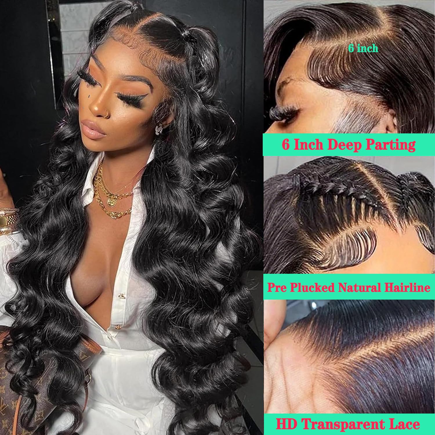 Fongly body wave lace front wig 200% density offers full, natural volume.