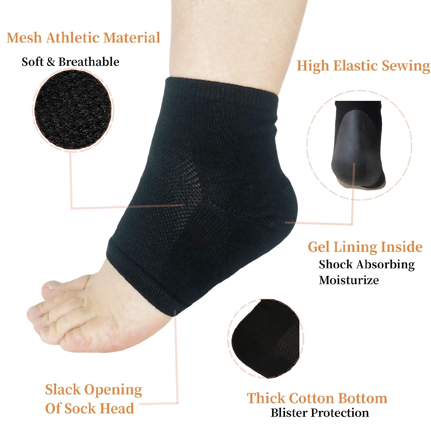 FonsBleaudy gel heel sock top mesh breathable fabric keeps feet cool during activity.
