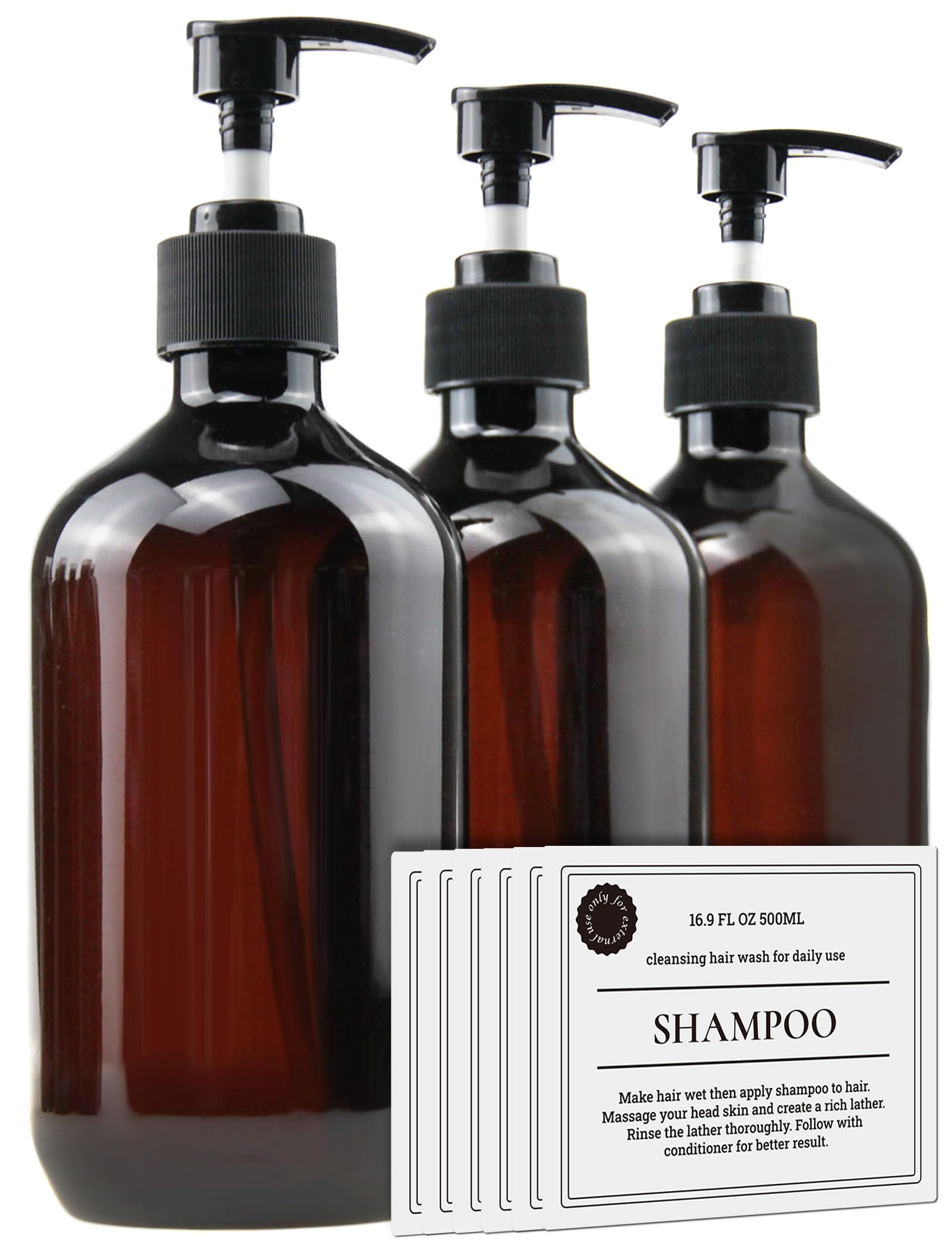 FOOCHY empty bottles with pump in amber, reusable travel containers for liquids.