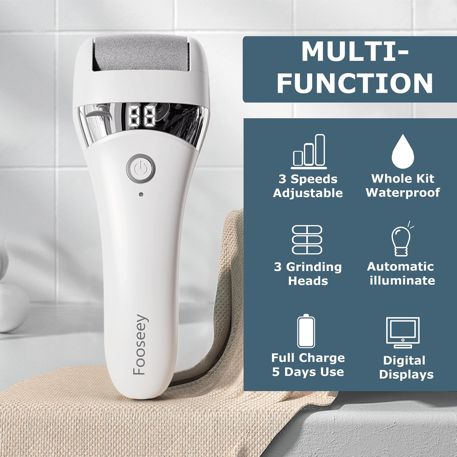 Fooseey waterproof IPX7 foot file close-up demonstrates easy cleaning and splash-safe use.