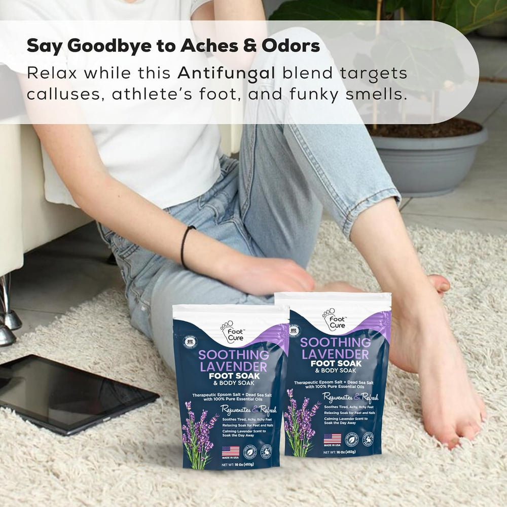 FOOT CURE aromatherapy lavender soak emphasizes calming fragrance and mood lift.