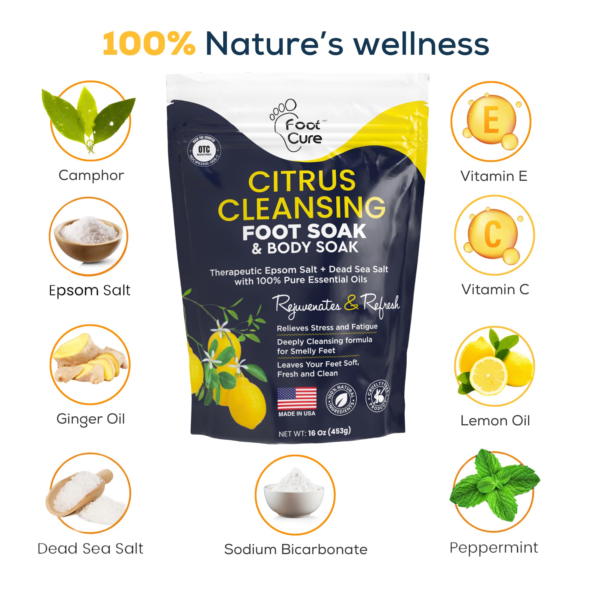 Foot Cure Citrus Detox foot soak crystals dissolving in warm water for cleansing.
