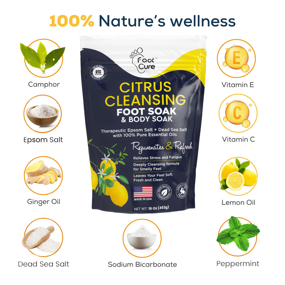 Foot Cure Citrus Detox foot soak crystals dissolving in warm water for cleansing.