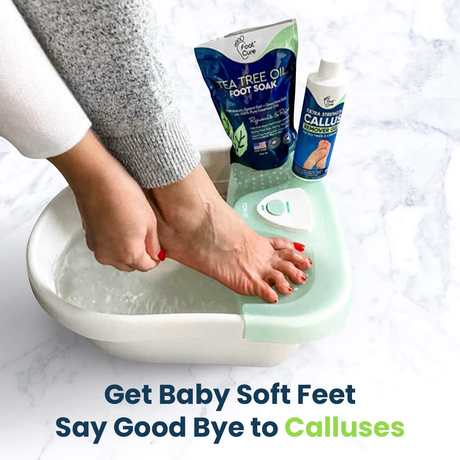 Foot Cure Electric Foot Soak Basin paired with tea tree soak for a complete routine.