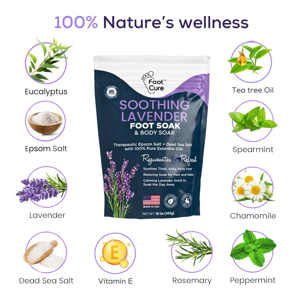 Foot Cure lavender oil pedicure enhances at-home spa relaxation.