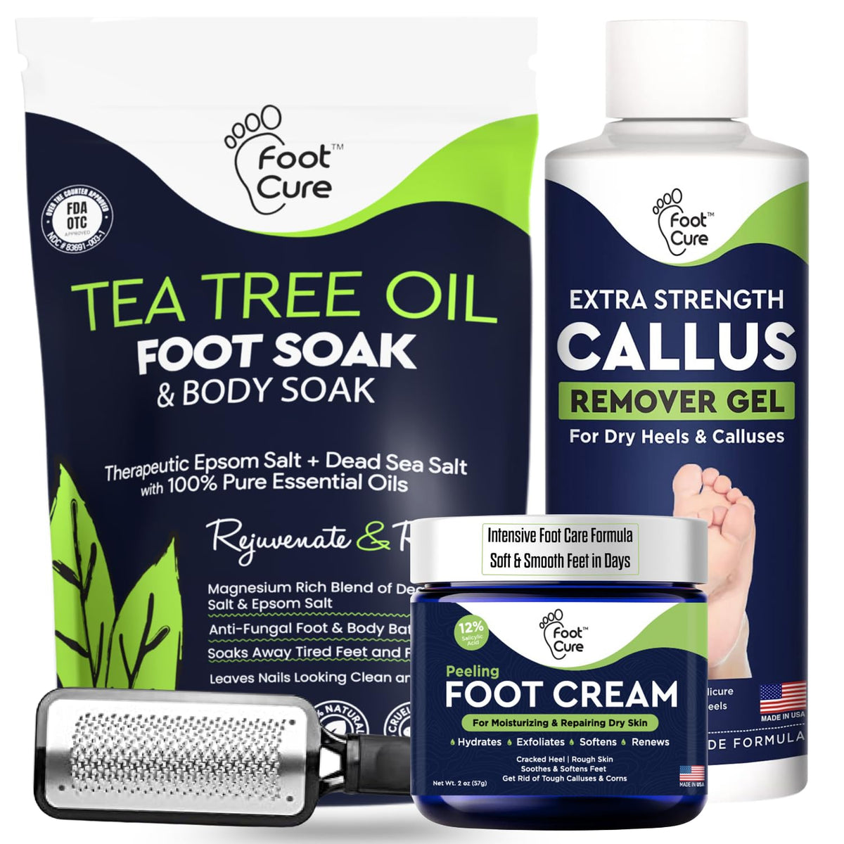 FOOT CURE pedicure set box shows complete home foot care kit for easy self-care.