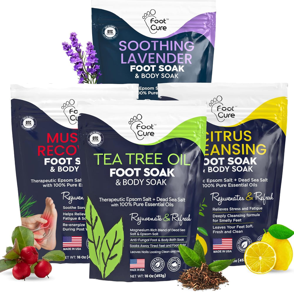 FOOT CURE premium epsom salt foot soak bottle highlights spa-like, relaxing foot care at home.