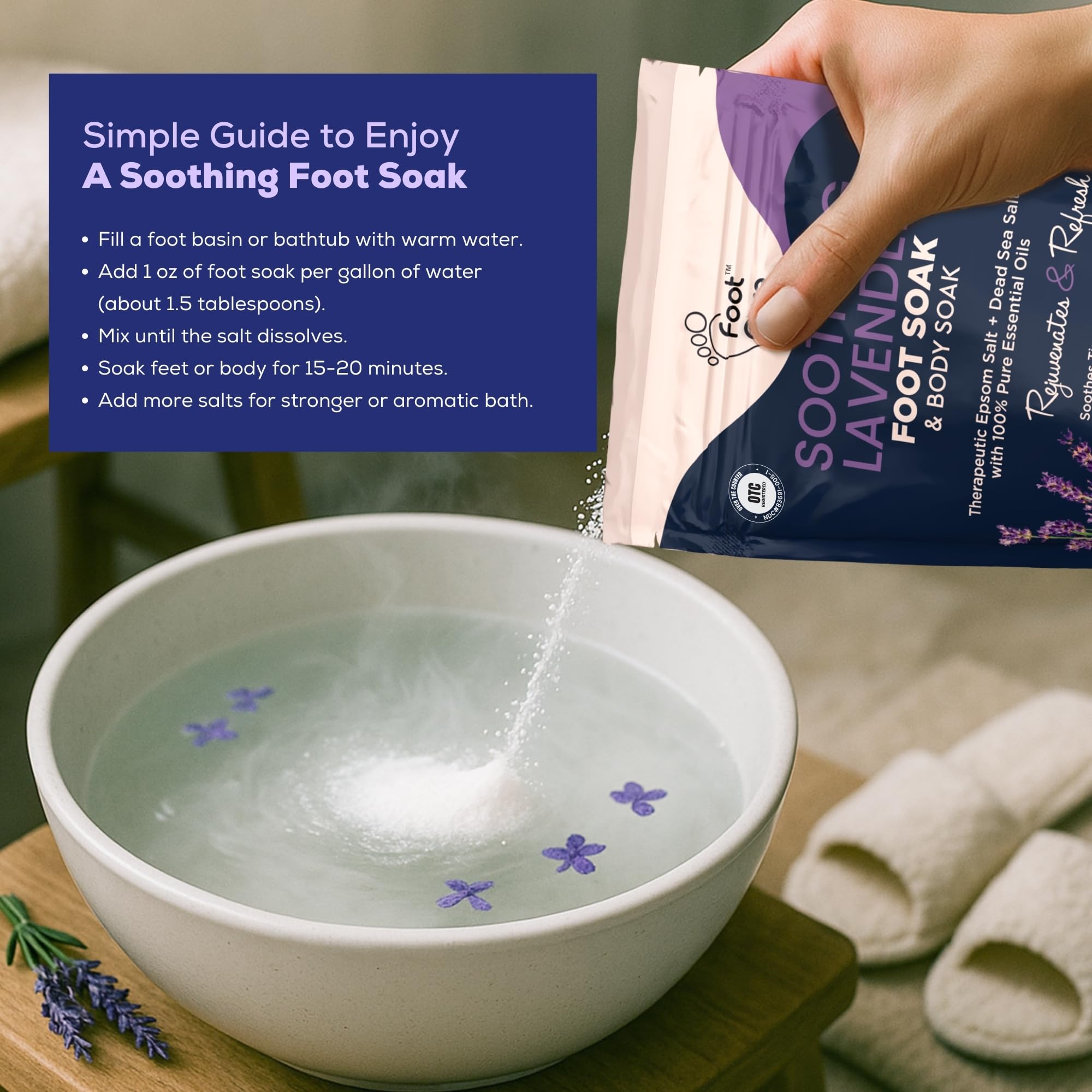 FOOT CURE relaxing foot bath ritual demonstrates tension relief at home.