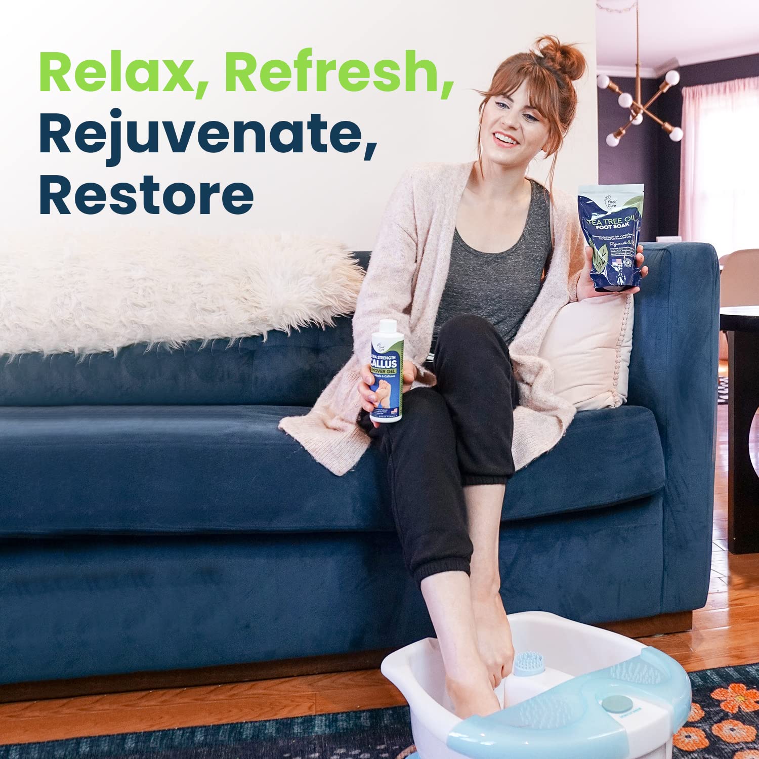 Foot Cure Soaked feet image illustrating a relaxing at-home spa ritual.