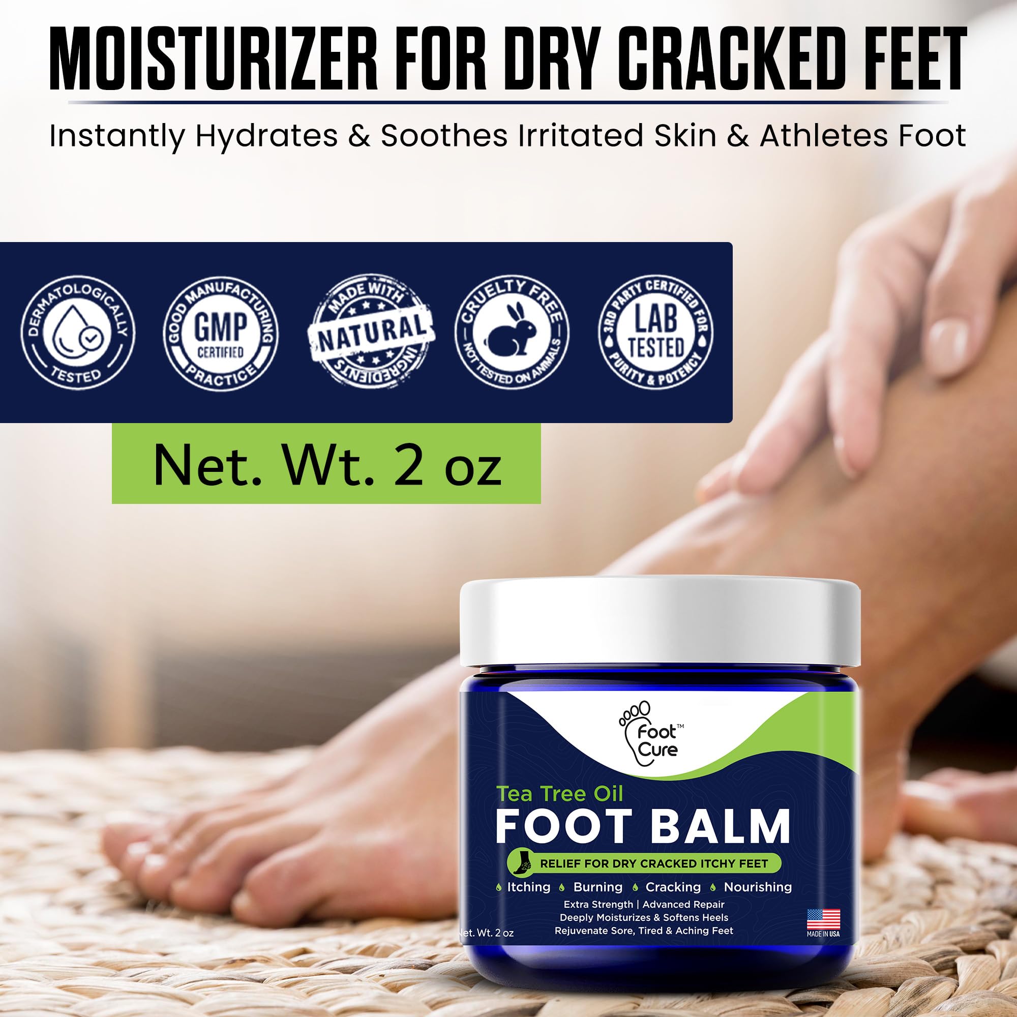 FOOT CURE Tea Tree Oil Balm athlete's foot relief concept image.