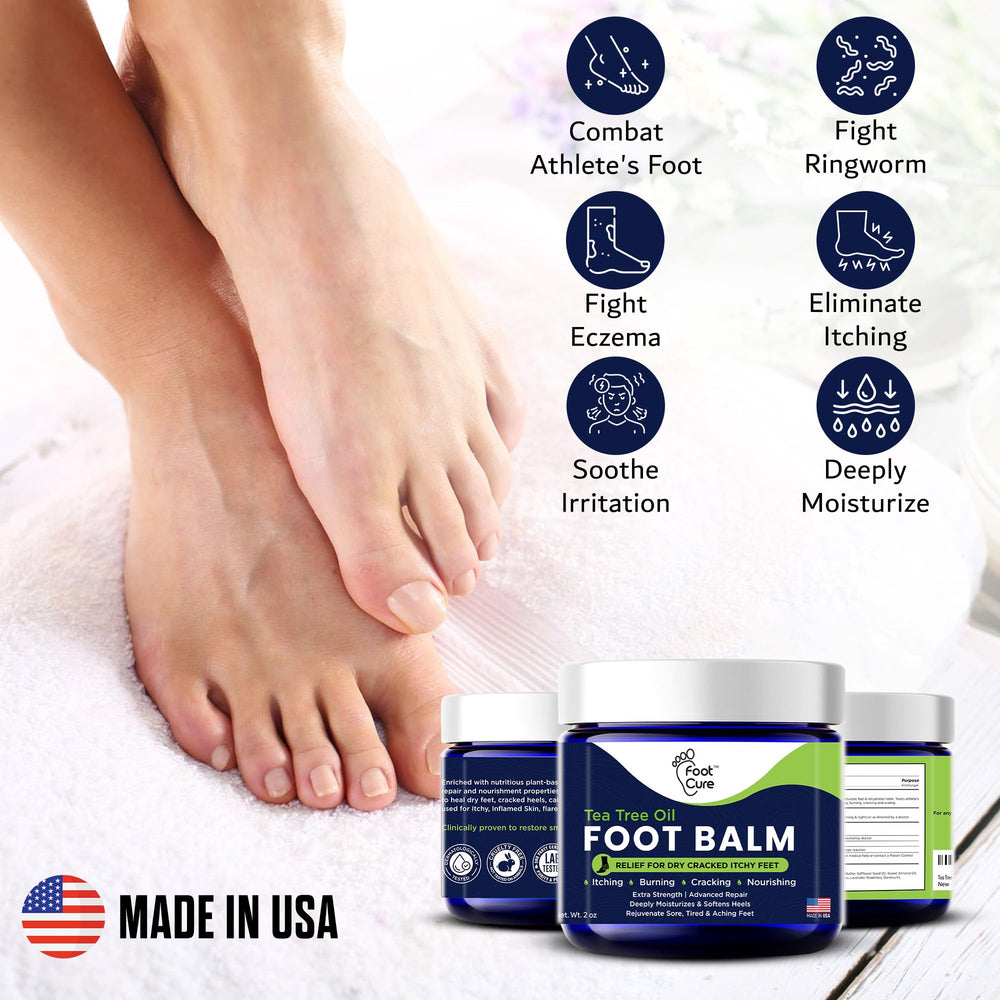 FOOT CURE Tea Tree Oil Balm creamy texture on foot with natural aroma.