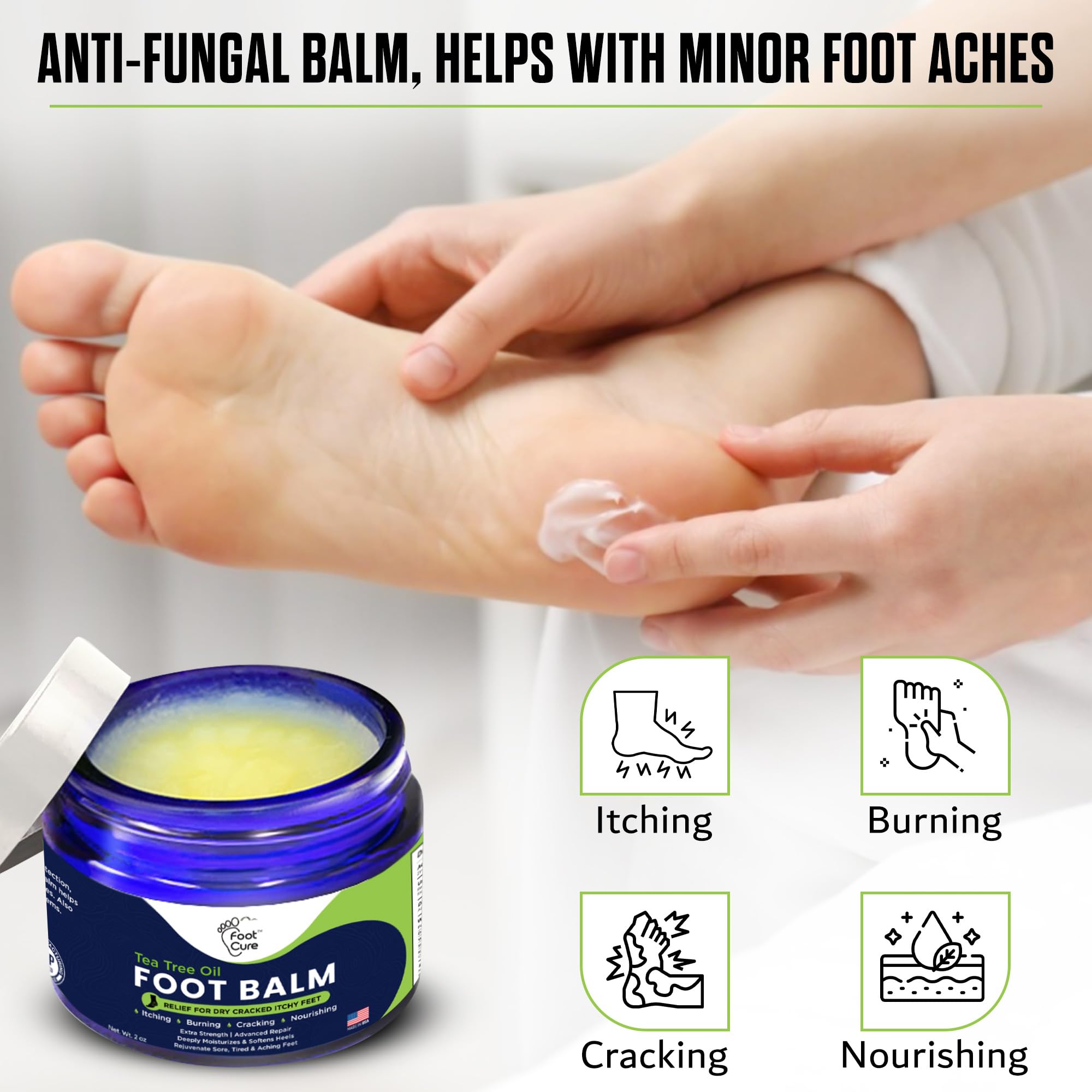 FOOT CURE Tea Tree Oil Balm jar close-up shows rich cream texture.