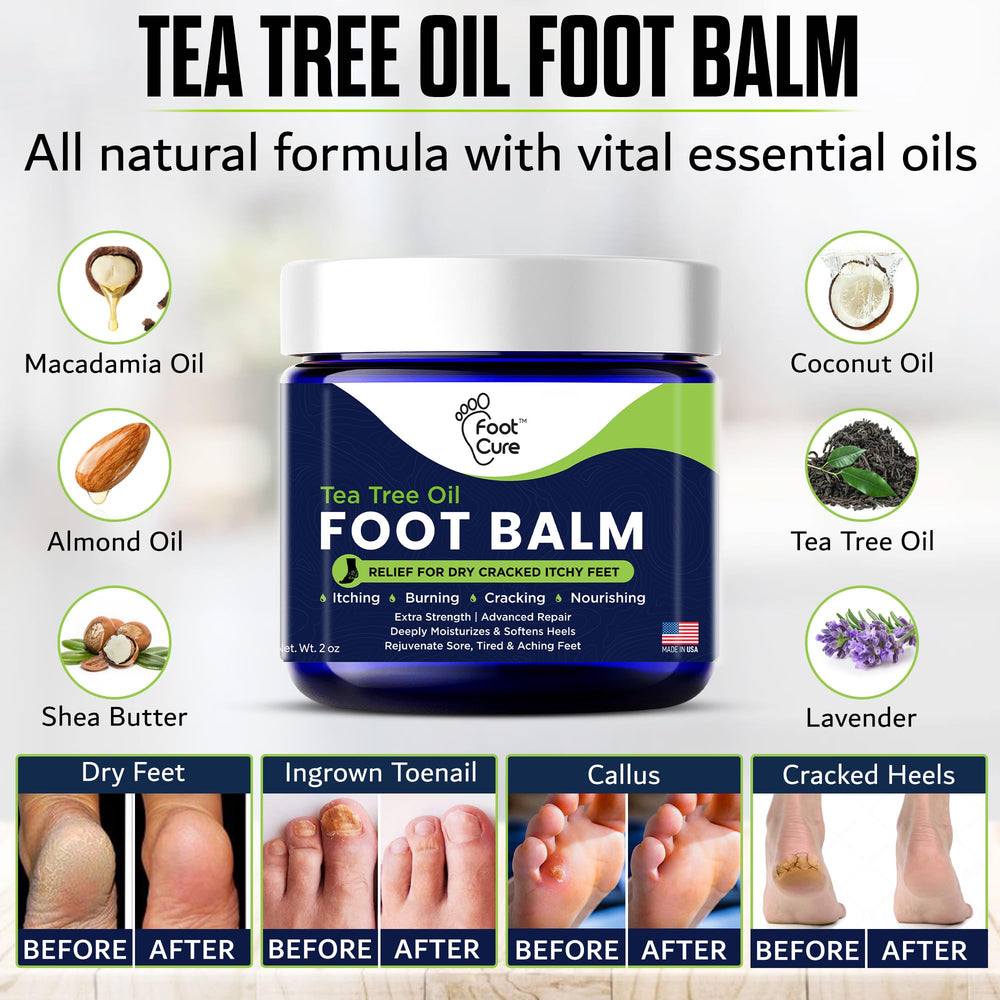 FOOT CURE Tea Tree Oil Balm softening rough heel skin close-up.